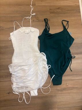 White Crochet Halter swim suit with covers and Deep Teal One-Piece Swim Suit Set